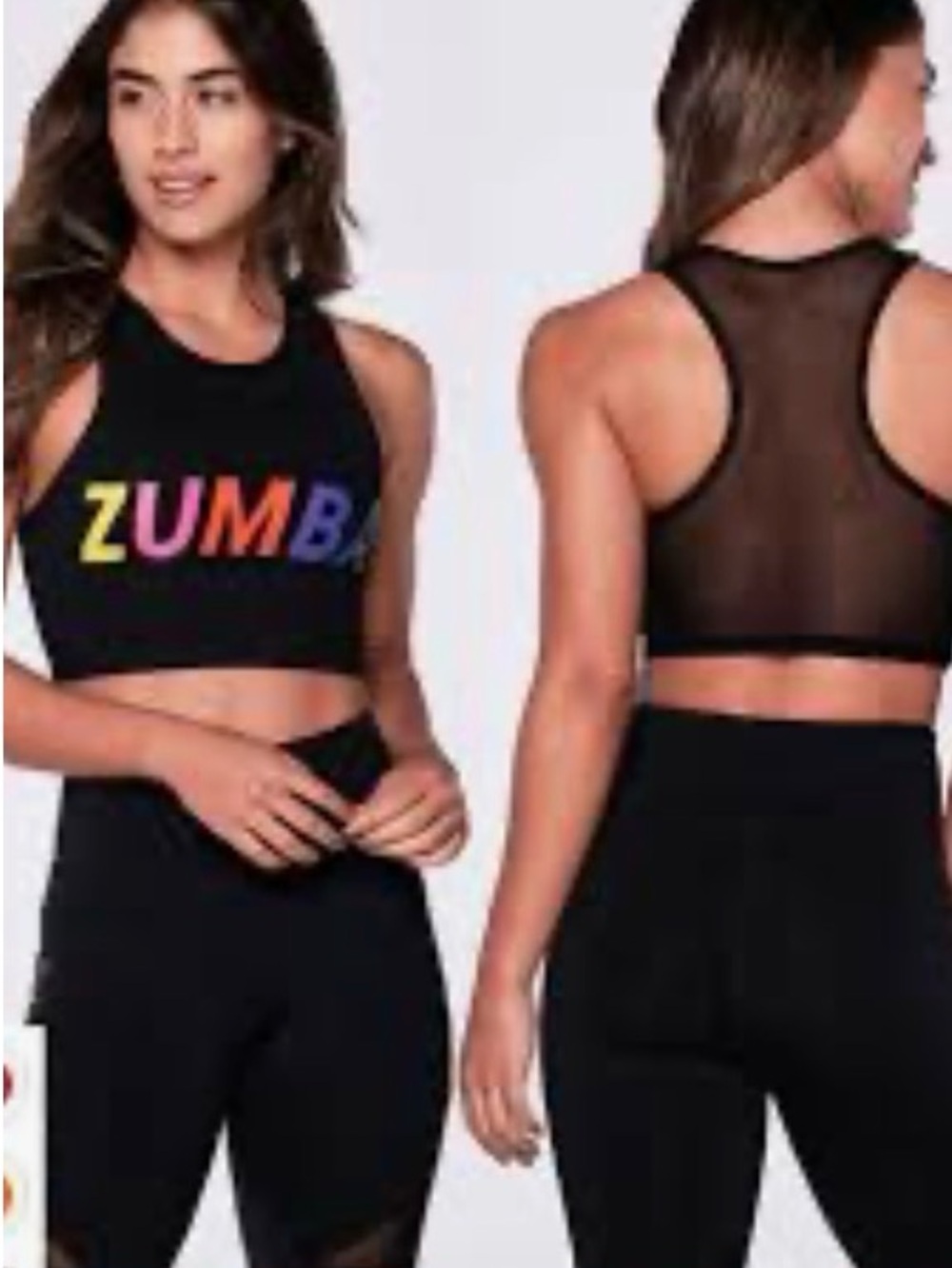 Zumba Fitness Black Mesh Racerback Crop Top with Multicolor Logo